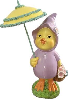 Spring Easter Chick in Purple Raincoat and Yellow Umbrella